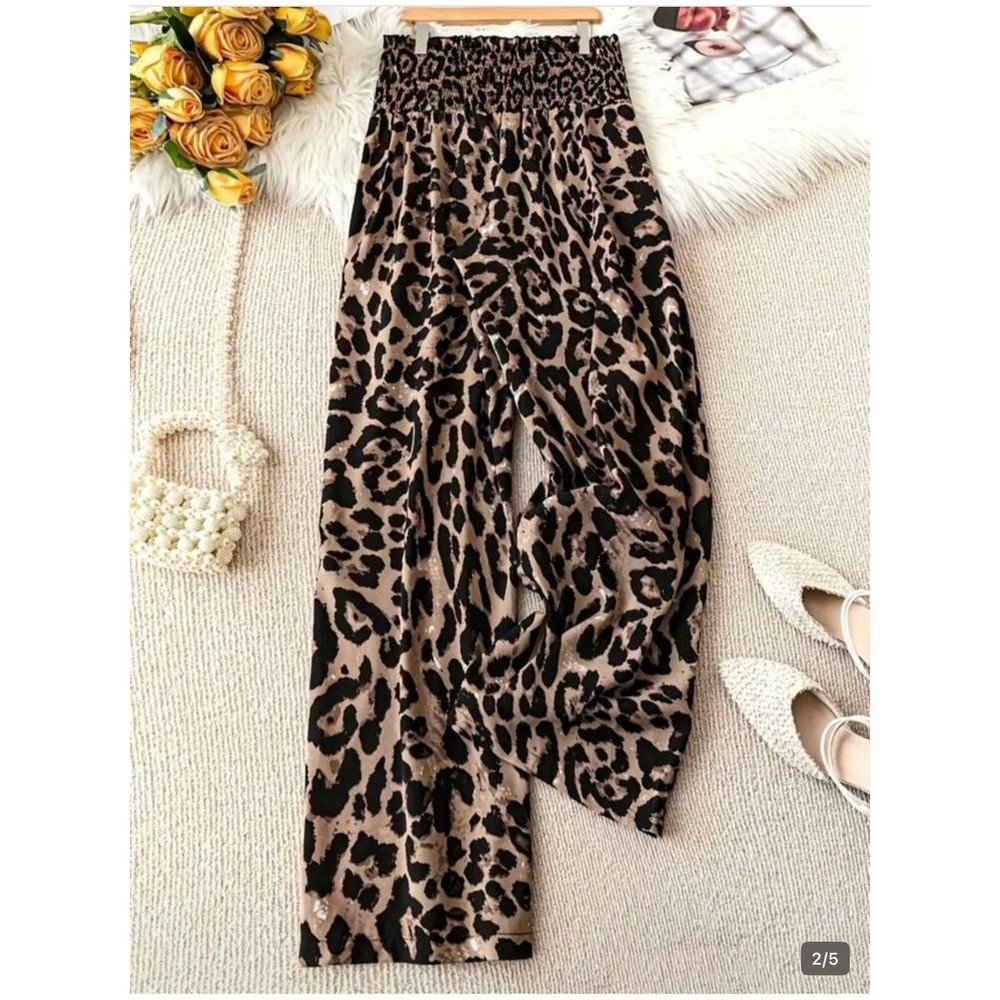 SHEIN Leopard Print Wide Leg Smocked High Waist Pants Tan Black XS Animal Print